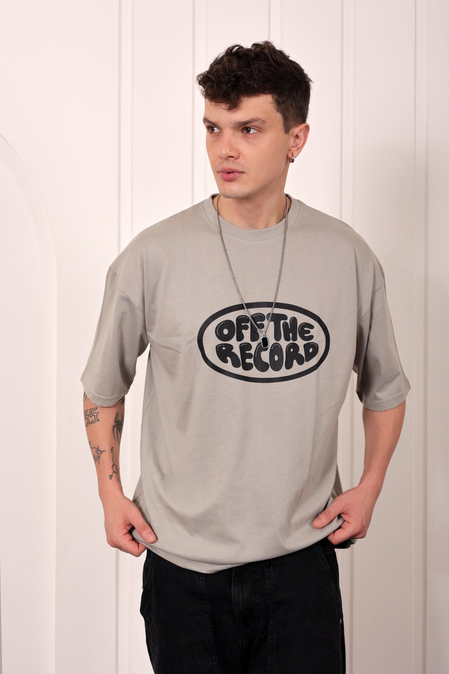 Off the Record Grey Oversized Printed T-shirt