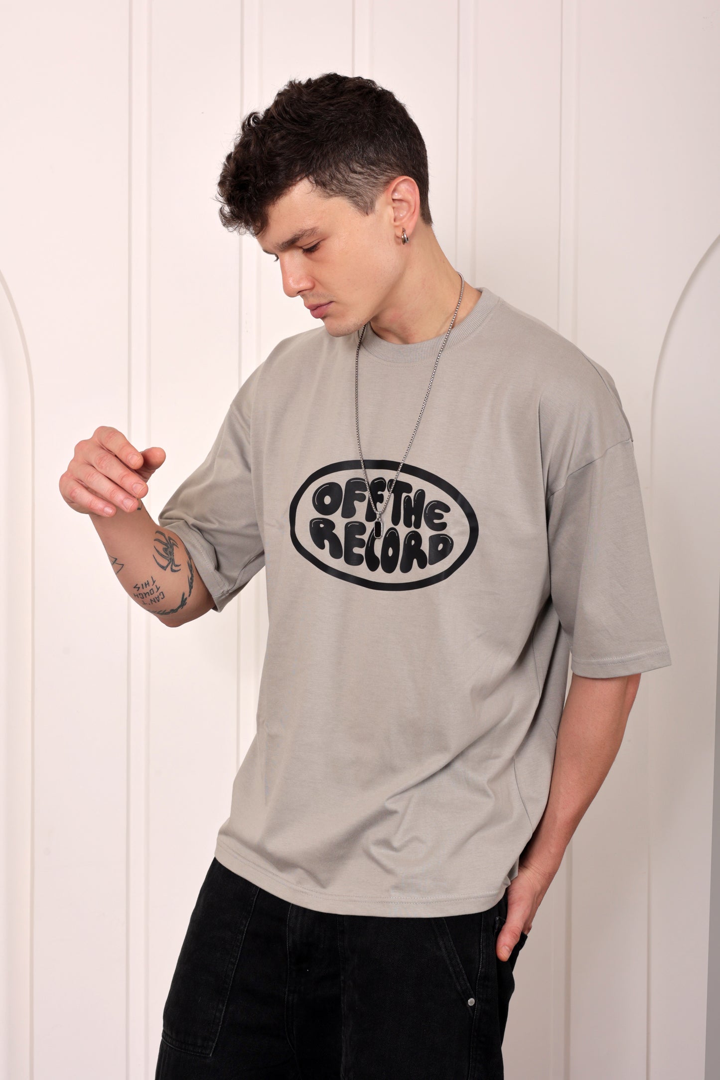 Off the Record Grey Oversized Printed T-shirt