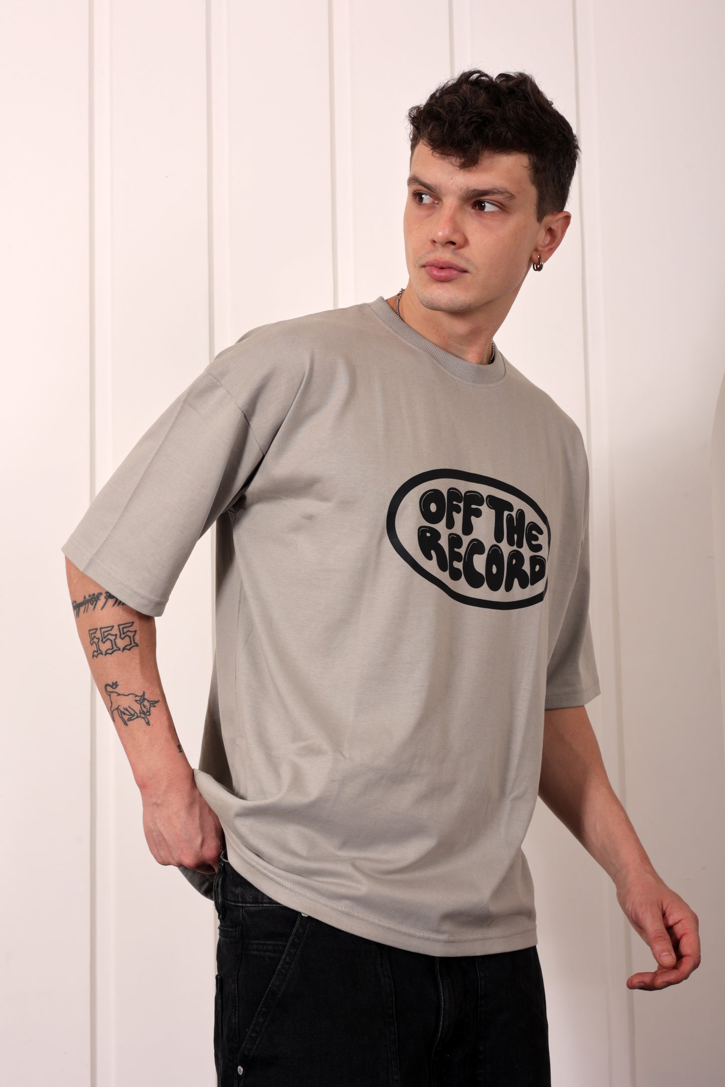 Off the Record Grey Oversized Printed T-shirt