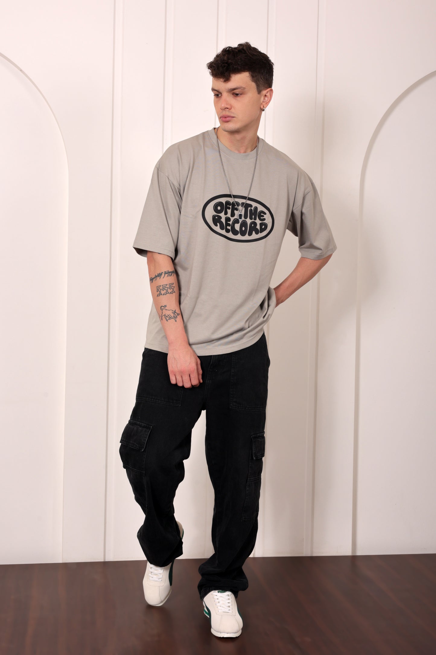 Off the Record Grey Oversized Printed T-shirt