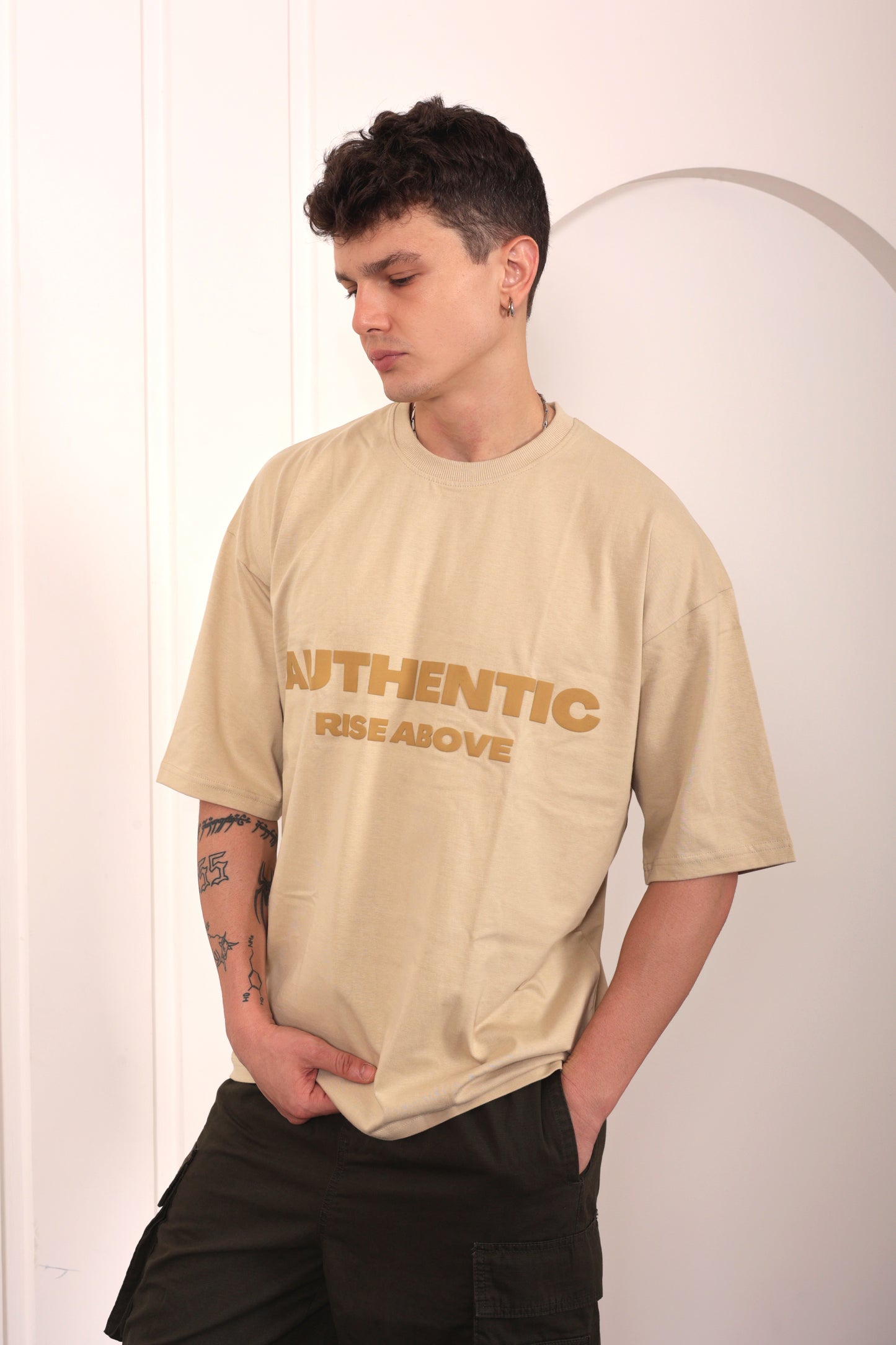 Authentic Beige Oversized Printed T-shirt