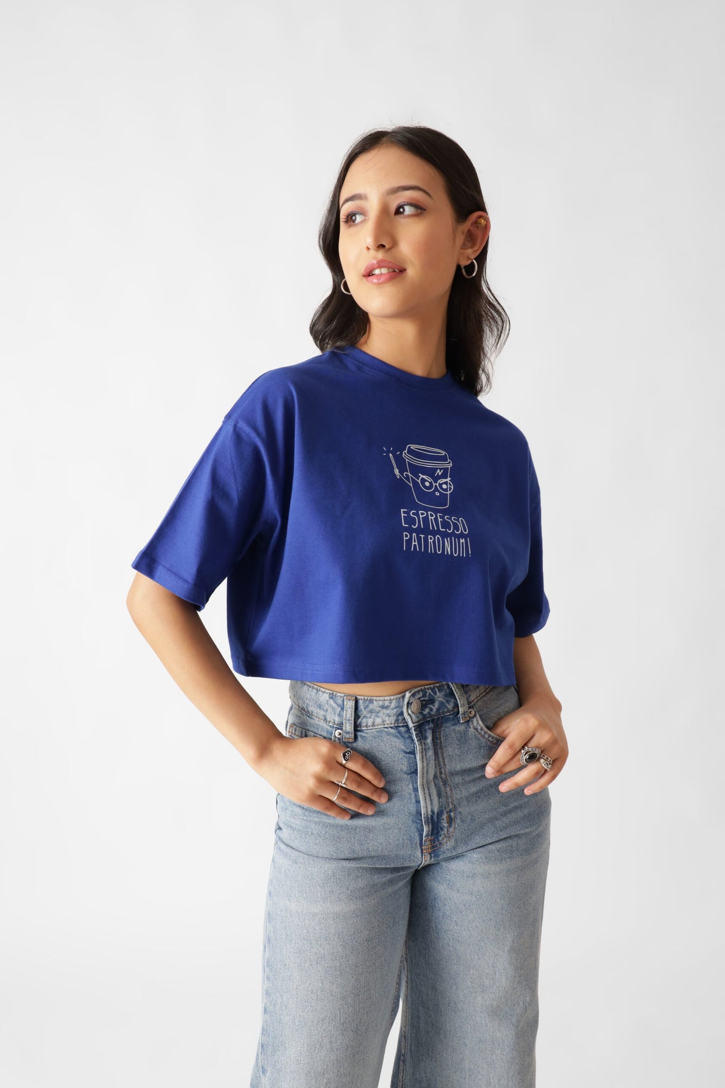 Espresso Print Royal Blue Oversize Crop Top