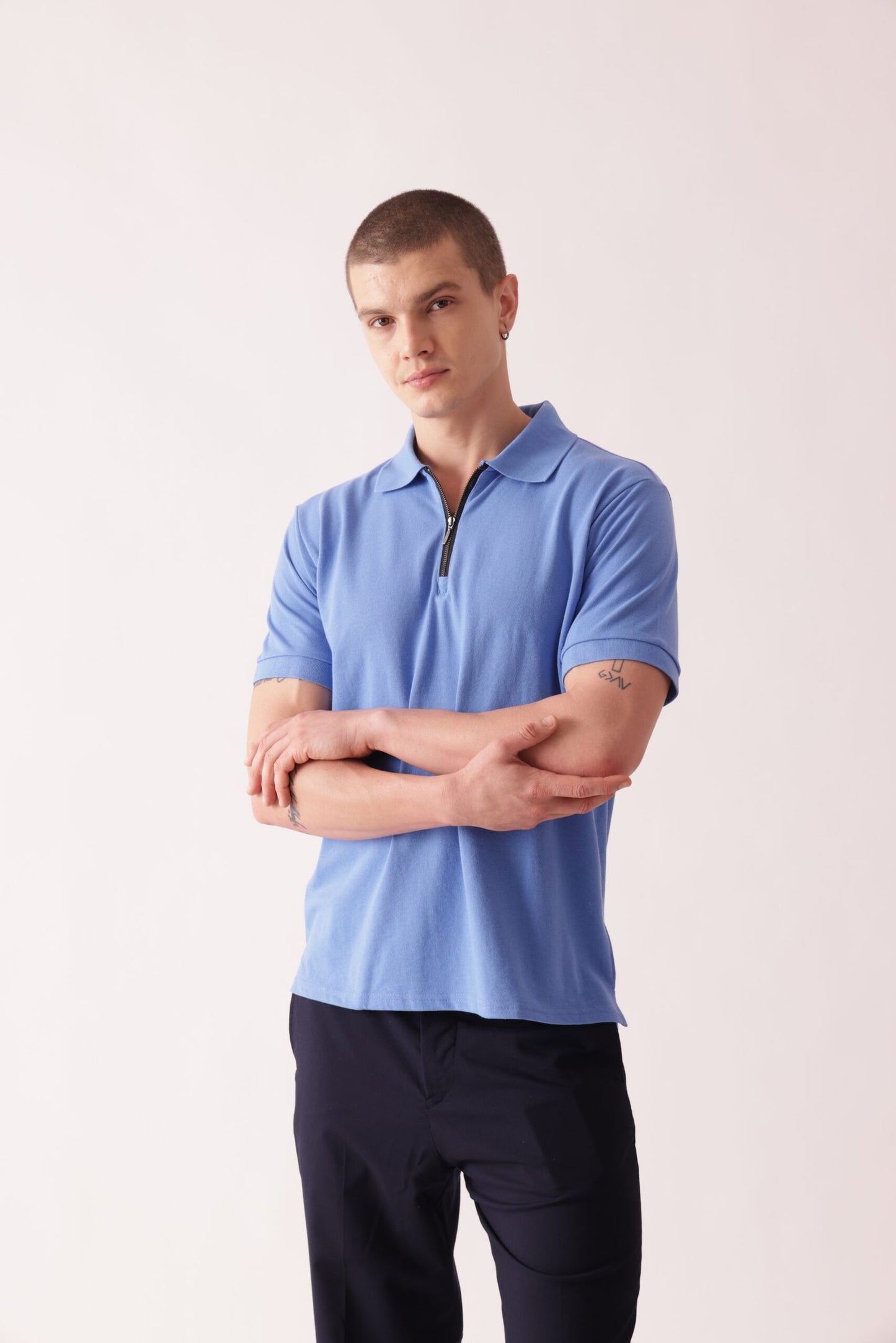 Premium Solid Polo Neck T-Shirt in Light Blue