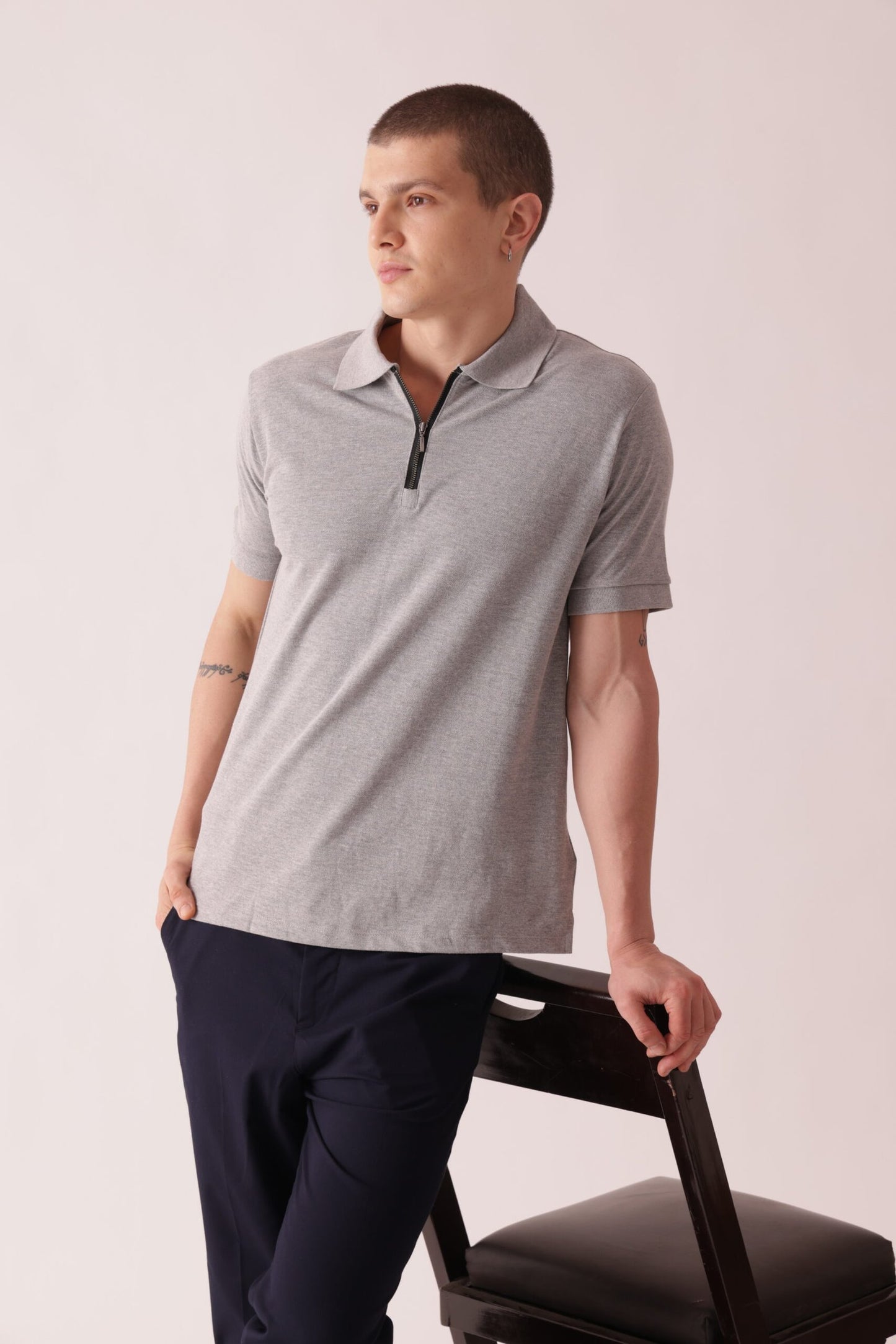 Premium Solid Polo Neck T-Shirt in Grey