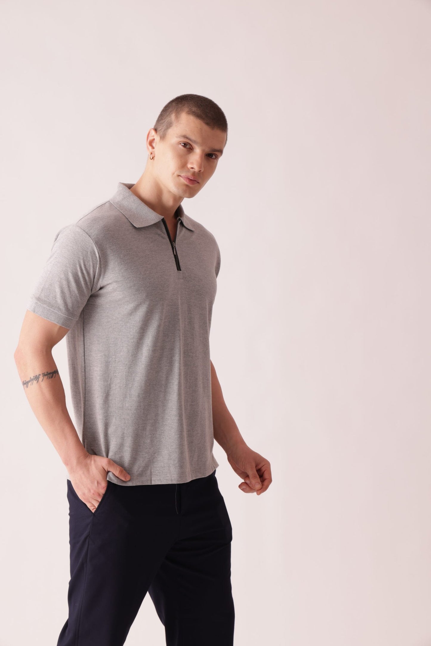 Premium Solid Polo Neck T-Shirt in Grey