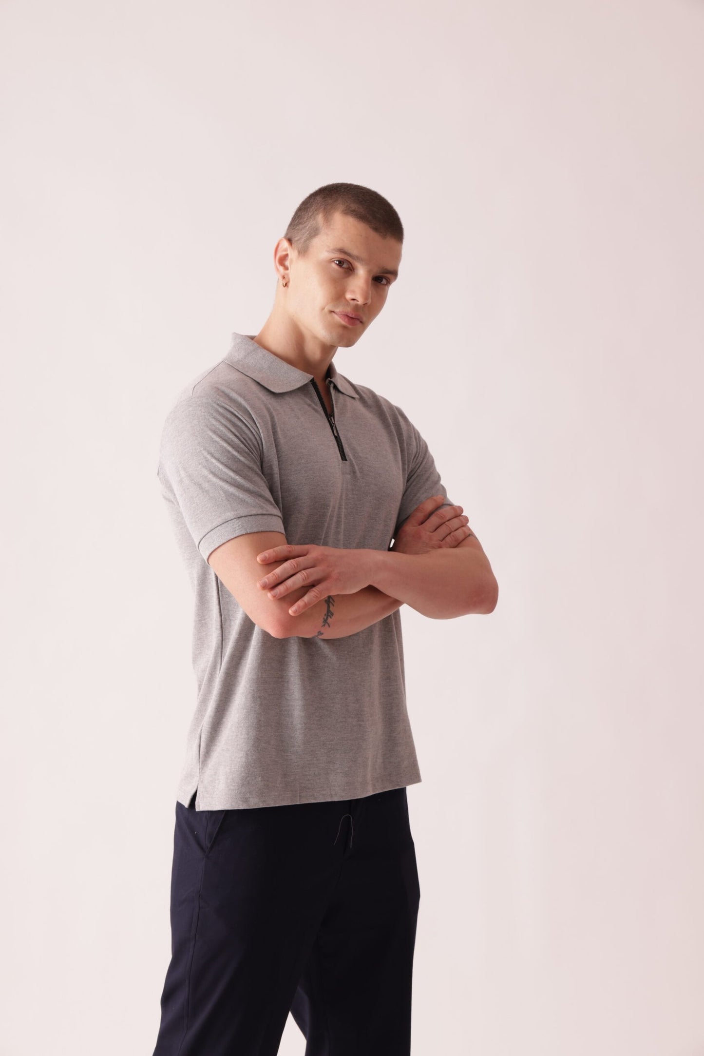 Premium Solid Polo Neck T-Shirt in Grey