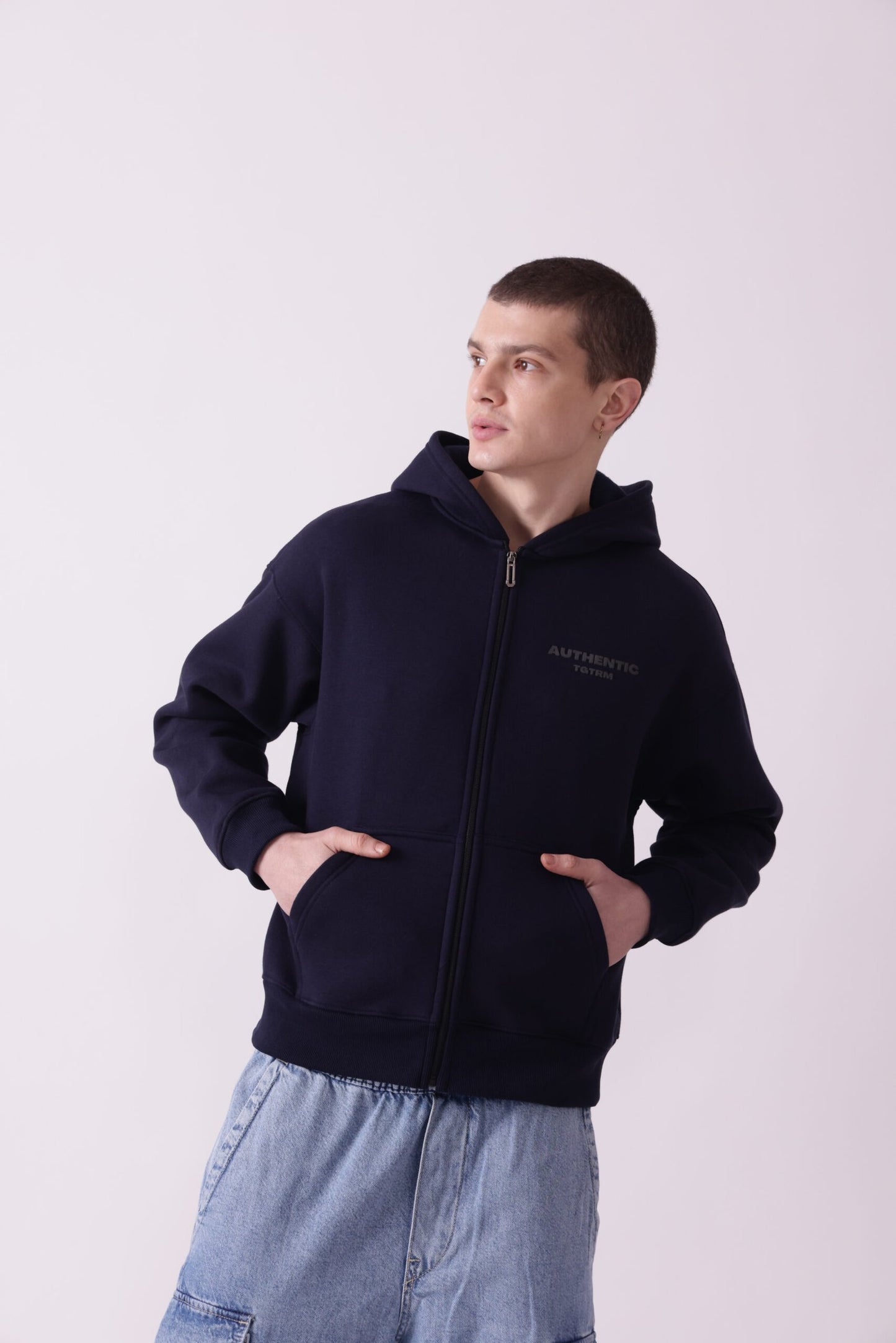 Navy Blue Oversized Zipper Hoodie for Men