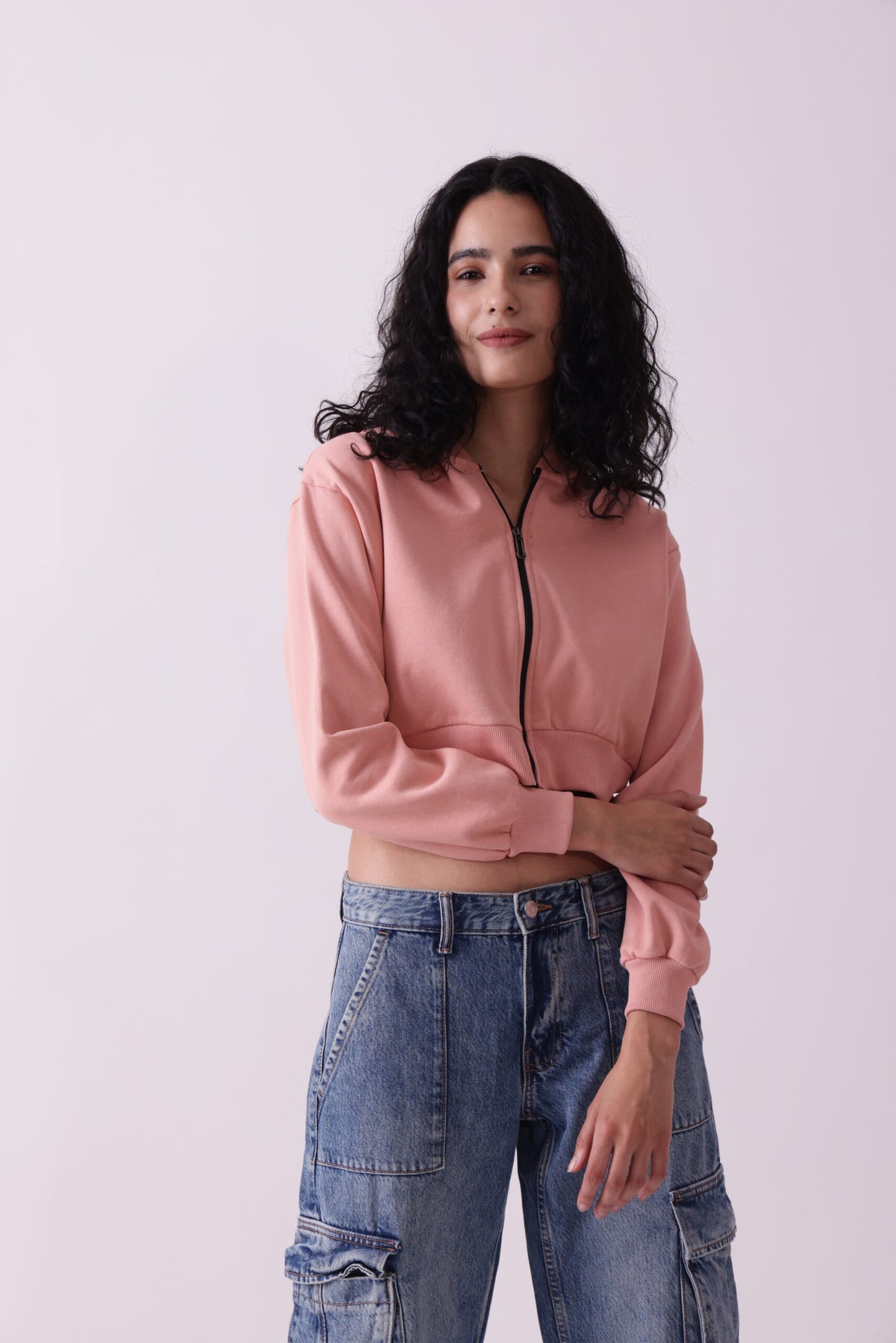 Pink Cropped Oversized Zipper Hoodie for Women