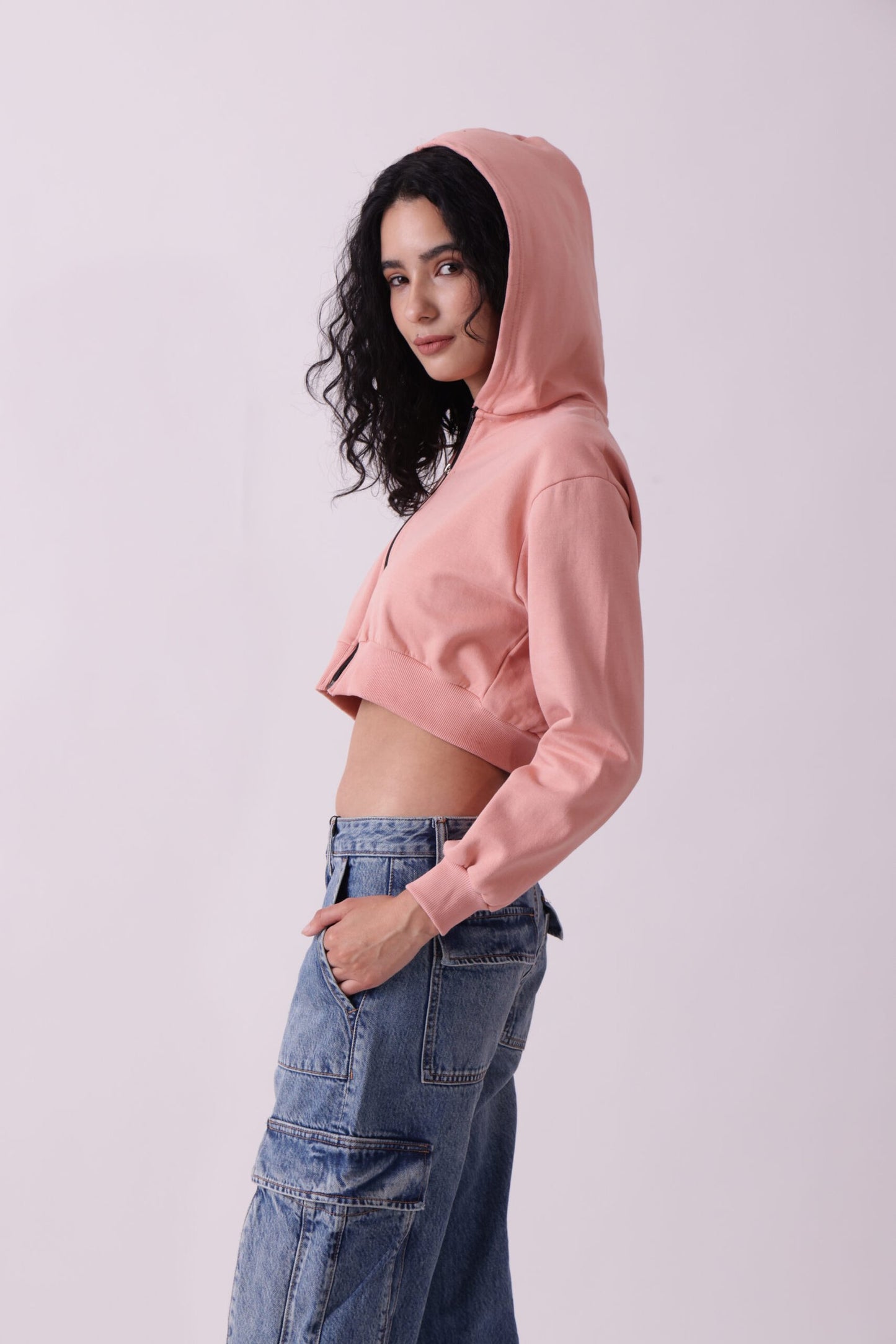 Pink Cropped Oversized Zipper Hoodie for Women