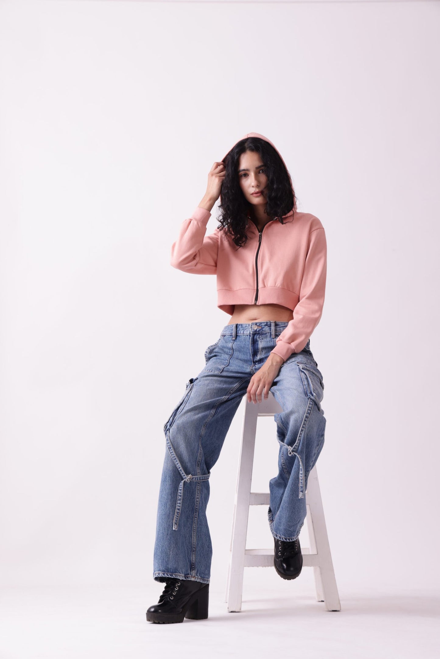 Pink Cropped Oversized Zipper Hoodie for Women