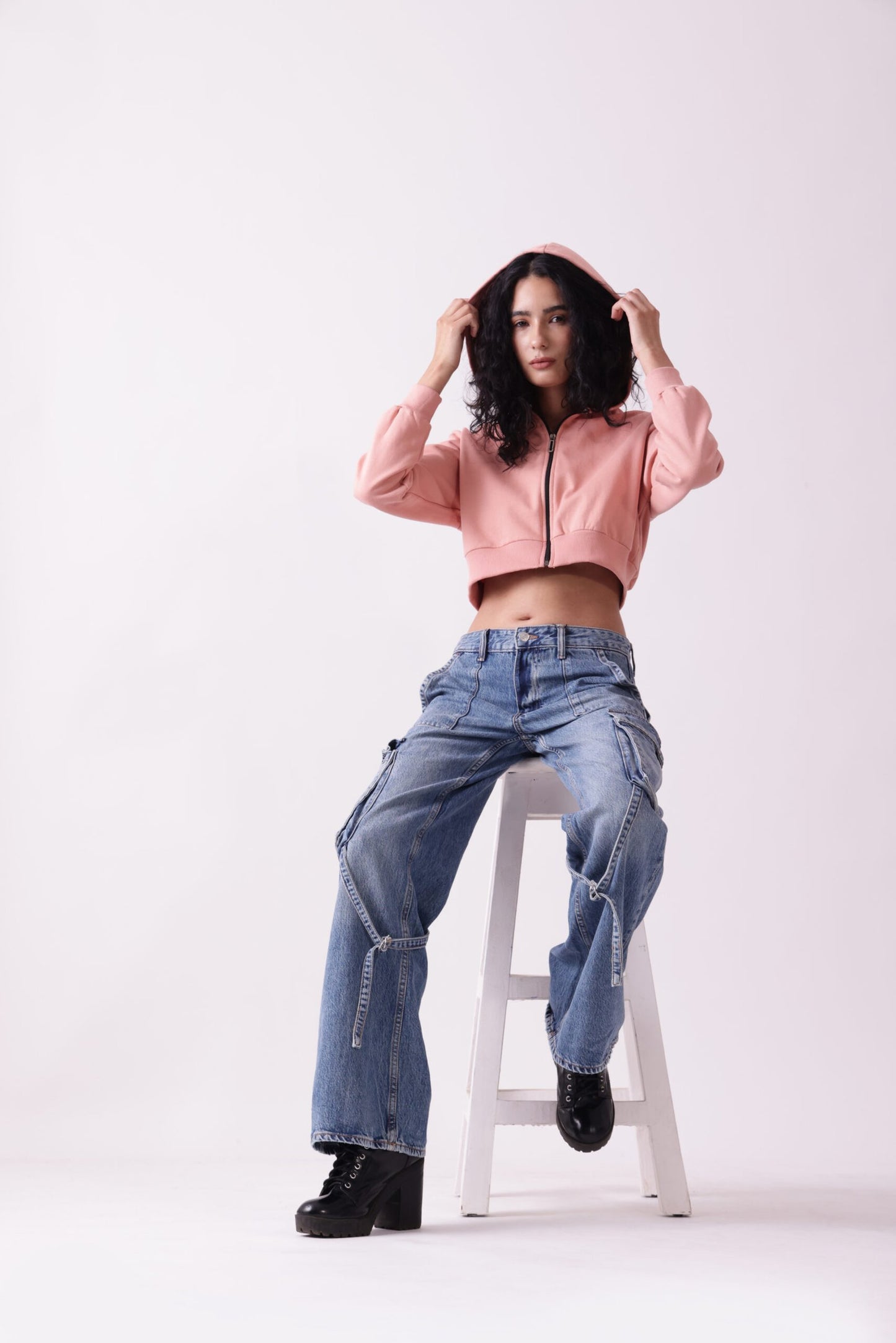 Pink Cropped Oversized Zipper Hoodie for Women