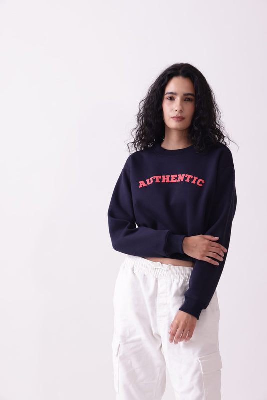 Navy Blue Cropped Oversized Sweatshirt for Women