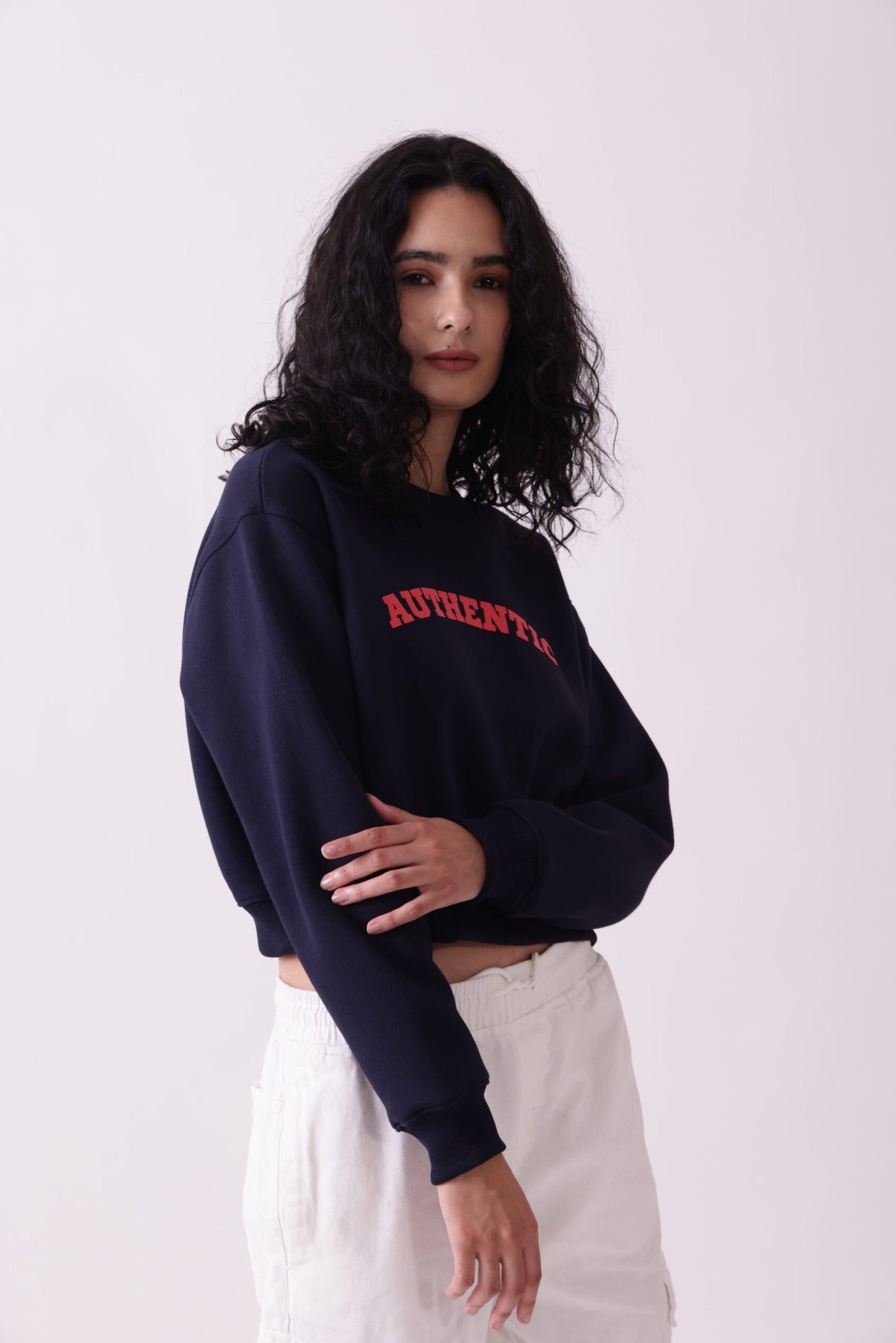 Navy Blue Cropped Oversized Sweatshirt for Women