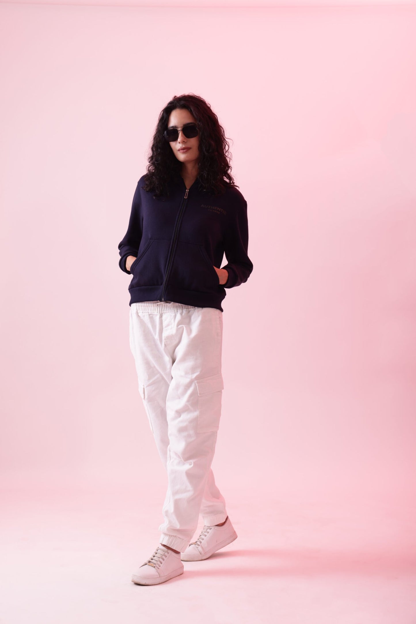 Navy Blue Zipper Hoodie for Women