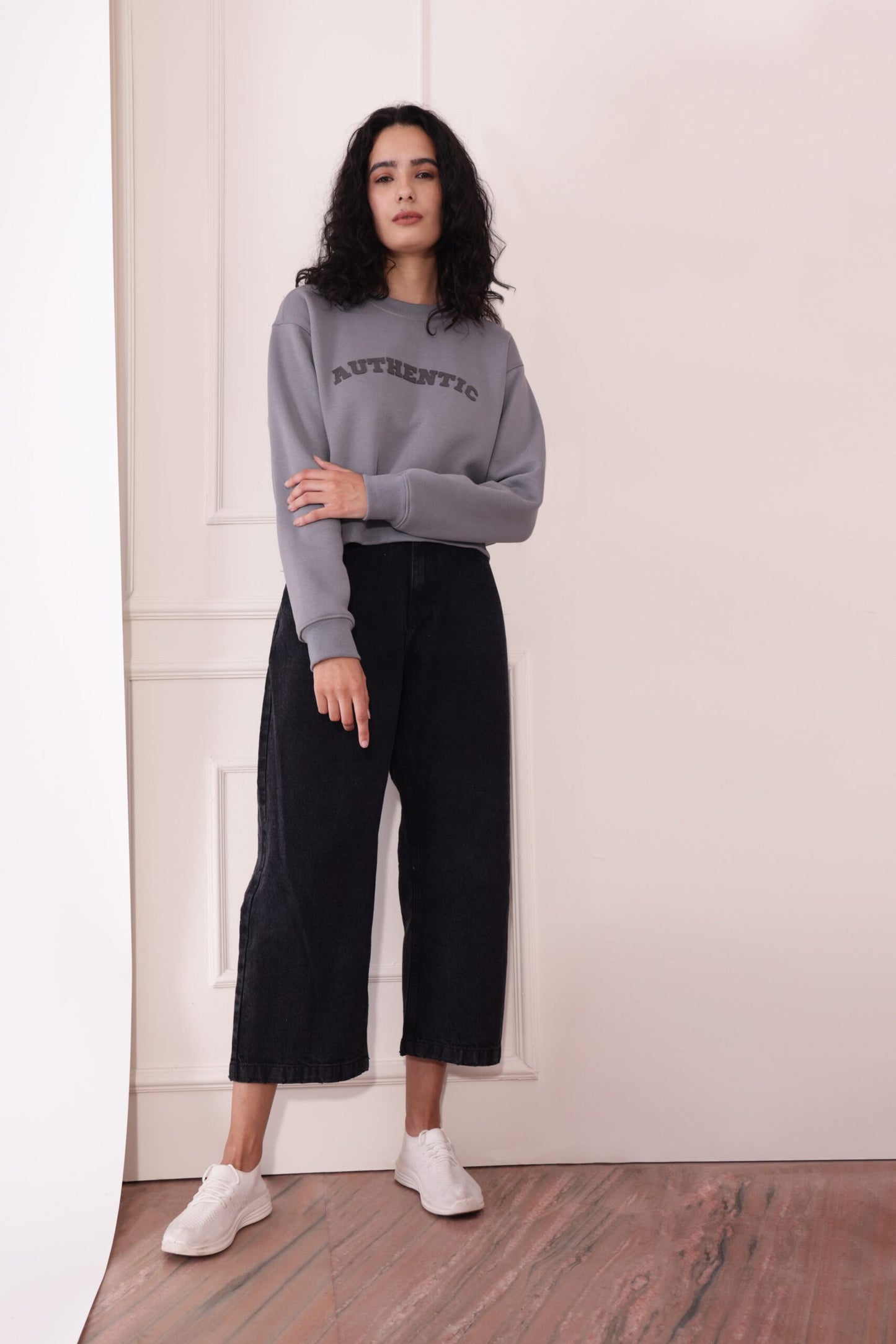 Grey Cropped Oversized Sweatshirt for Women