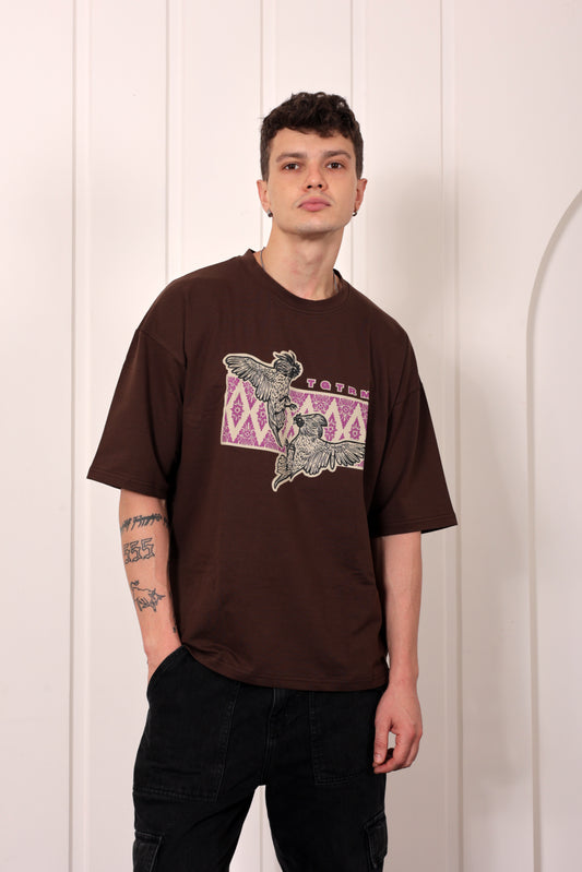 Tribal Print Brown Oversized Printed Tshirt