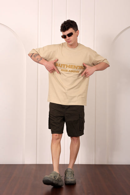 Authentic Beige Oversized Printed T-shirt