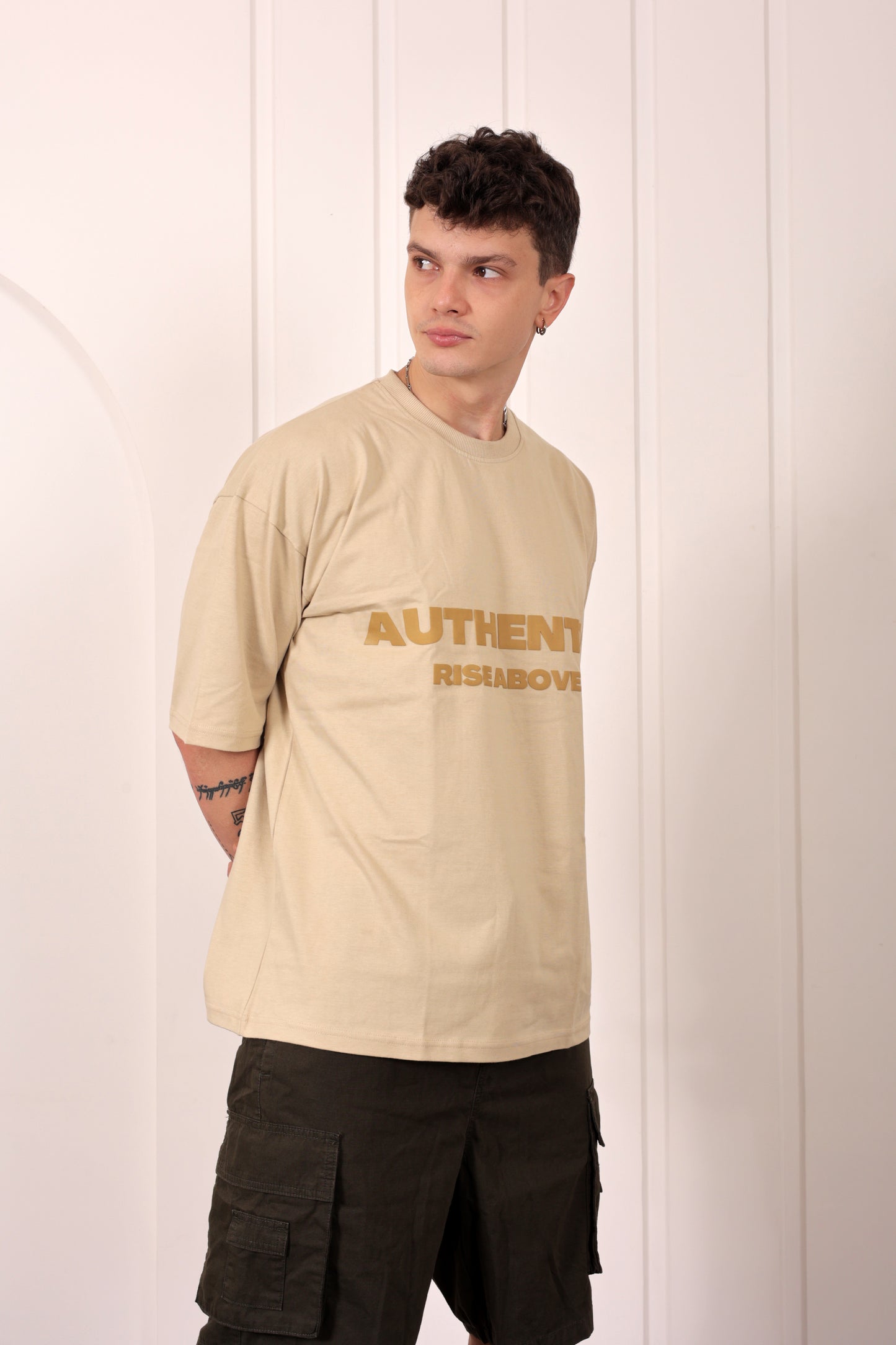 Authentic Beige Oversized Printed T-shirt