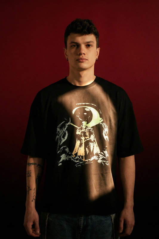 The Fallen Knight in Black Oversized Printed T-shirt