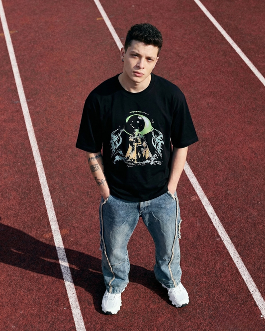 The Fallen Knight in Black Oversized Printed T-shirt