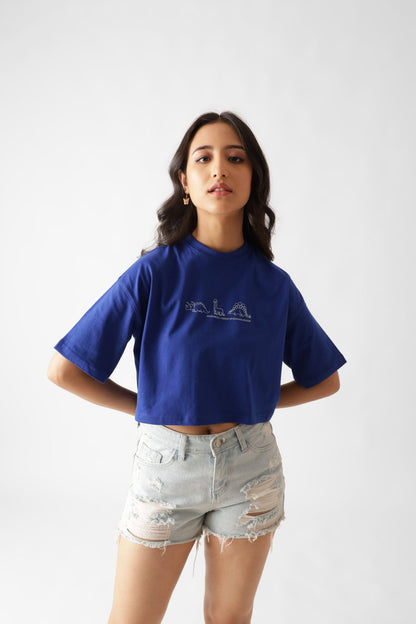 Dino Print Royal Blue Oversize Crop Top