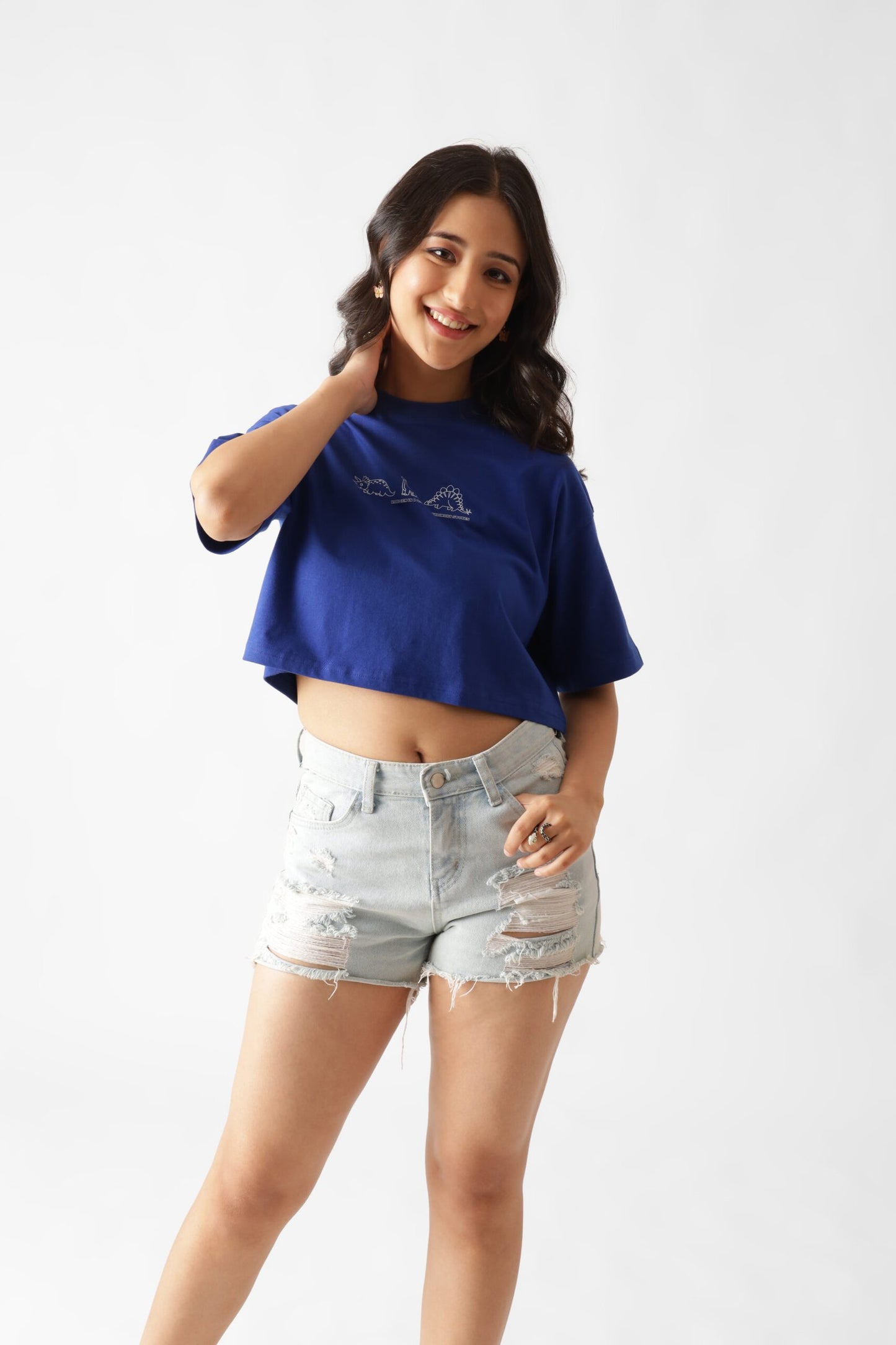 Dino Print Royal Blue Oversize Crop Top