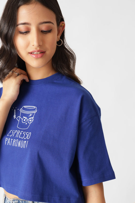 Espresso Print Royal Blue Oversize Crop Top