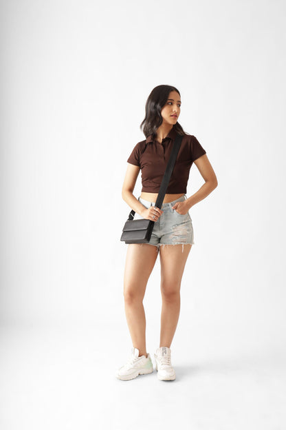 Dark Brown Polo Crop Top