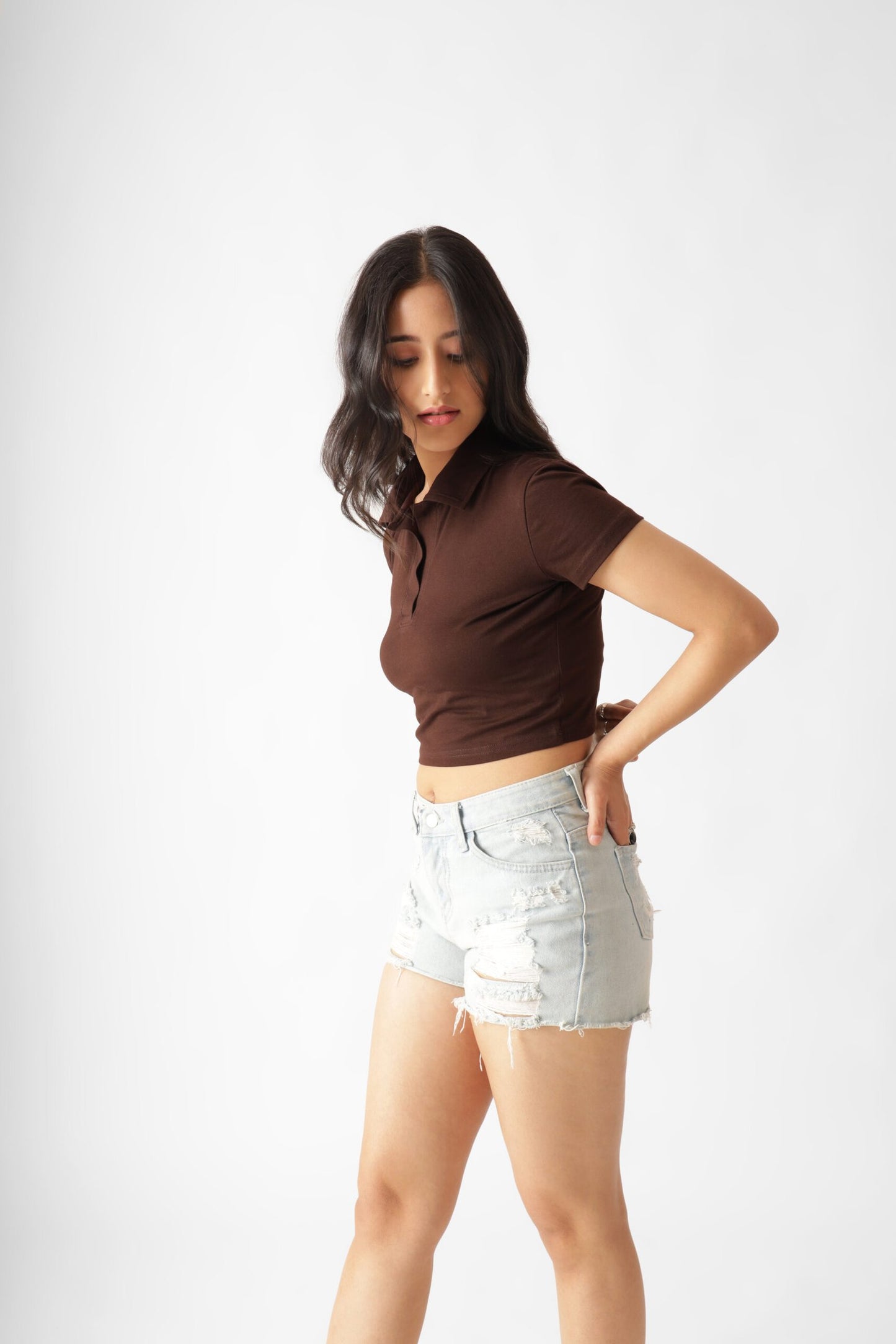 Dark Brown Polo Crop Top