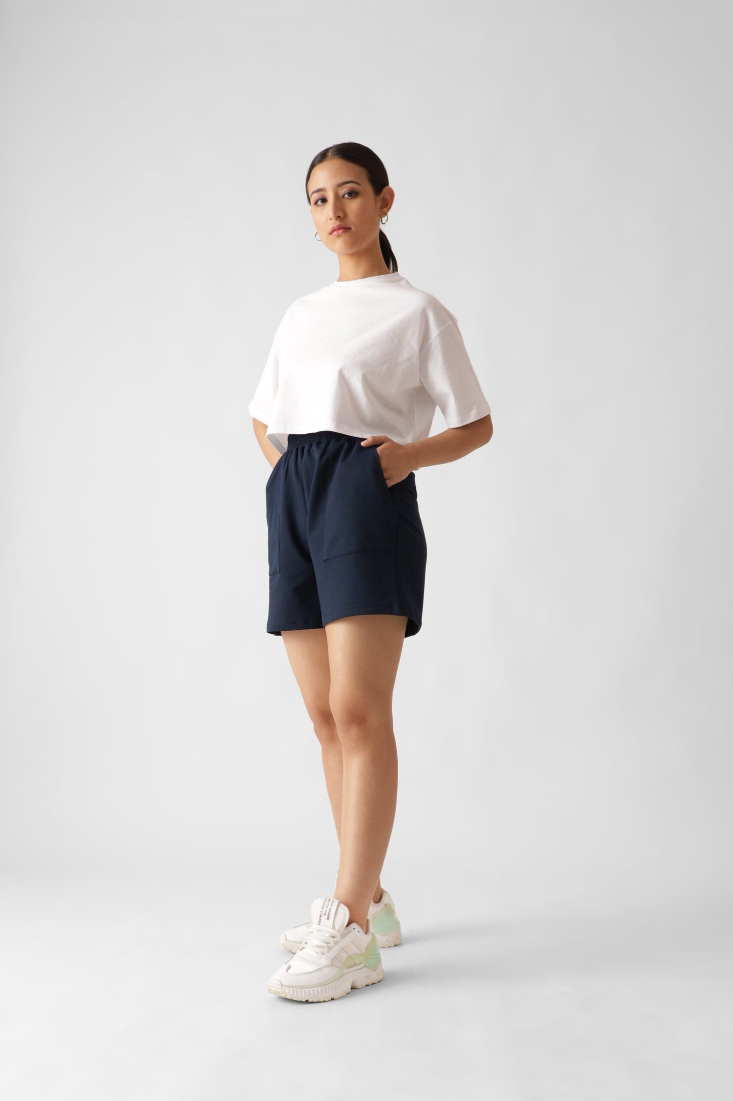 Navy Blue High Waist Pull-On Shorts For Women