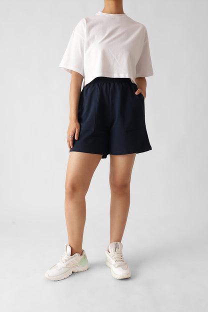 Navy Blue High Waist Pull-On Shorts For Women