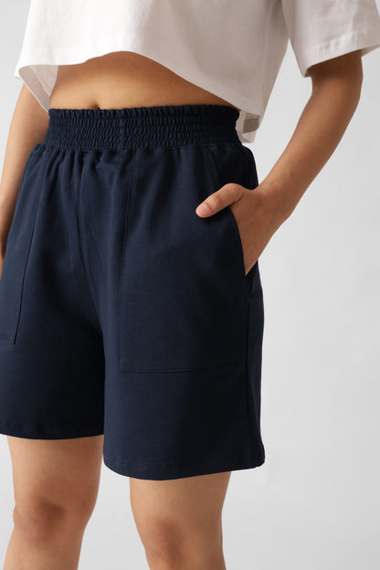 Navy Blue High Waist Pull-On Shorts For Women