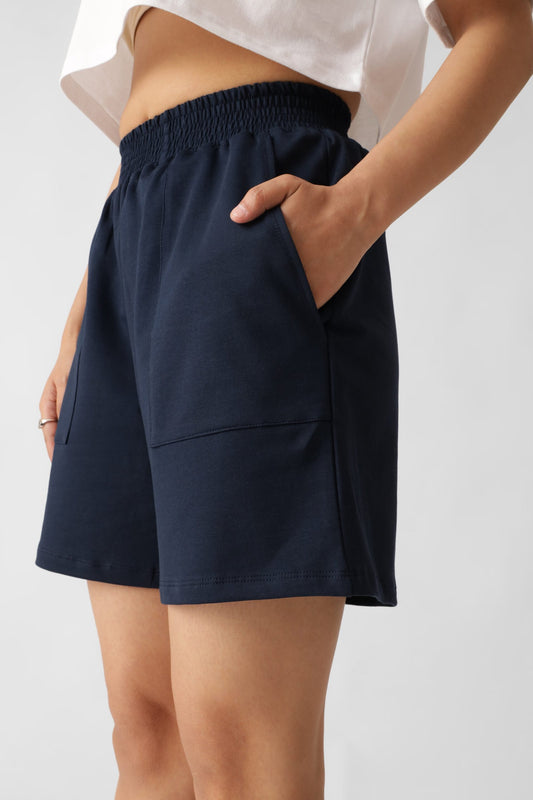 Navy Blue High Waist Pull-On Shorts For Women