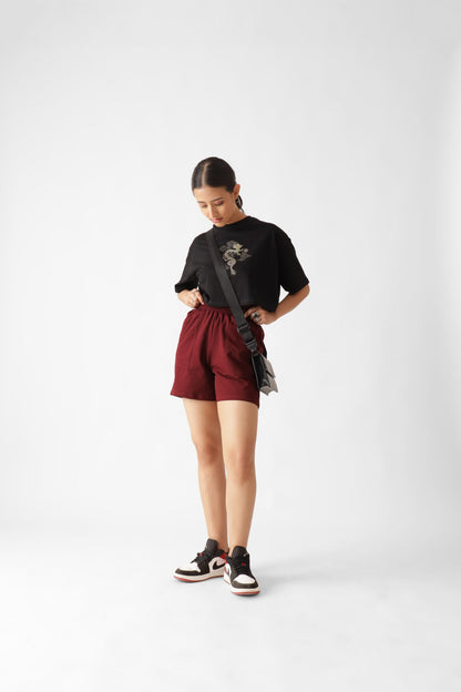 Maroon Waist Pull-On Shorts For Women