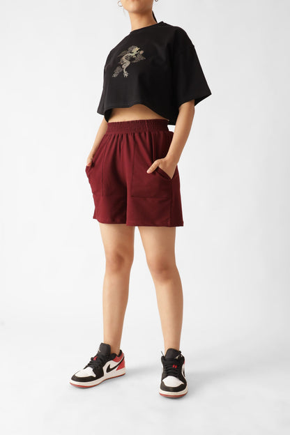 Maroon Waist Pull-On Shorts For Women