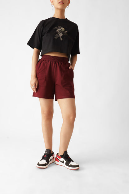 Maroon Waist Pull-On Shorts For Women