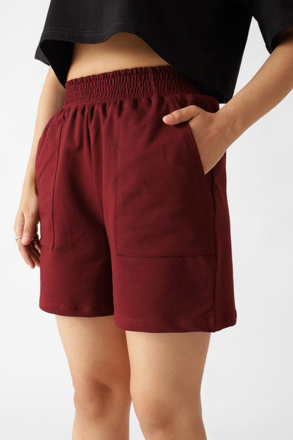 Maroon Waist Pull-On Shorts For Women