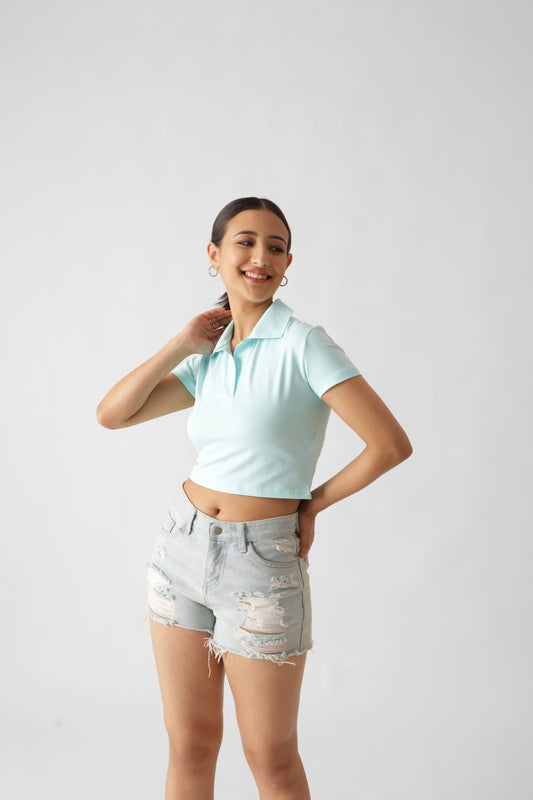 Light Blue Polo Crop Top