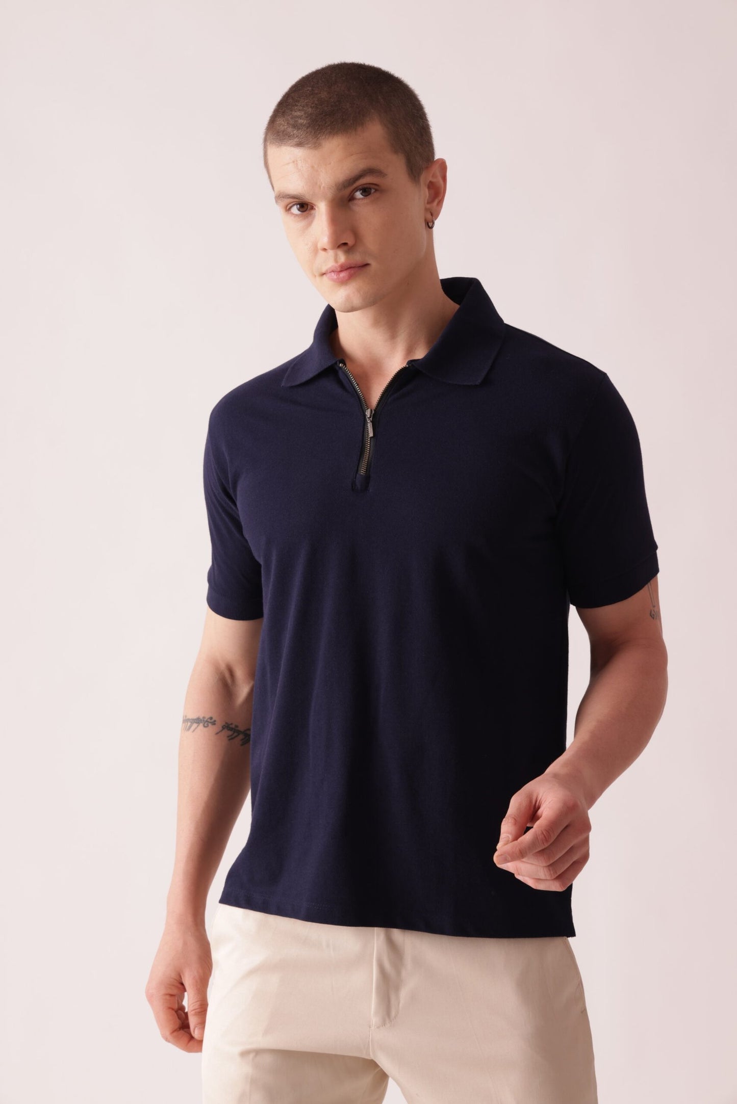 Men Navy Blue Solid Polo Neck T-Shirt