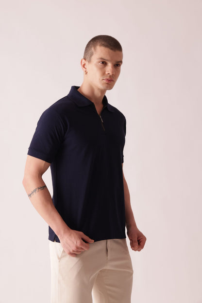 Men Navy Blue Solid Polo Neck T-Shirt