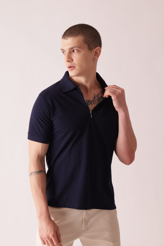 Men Navy Blue Solid Polo Neck T-Shirt