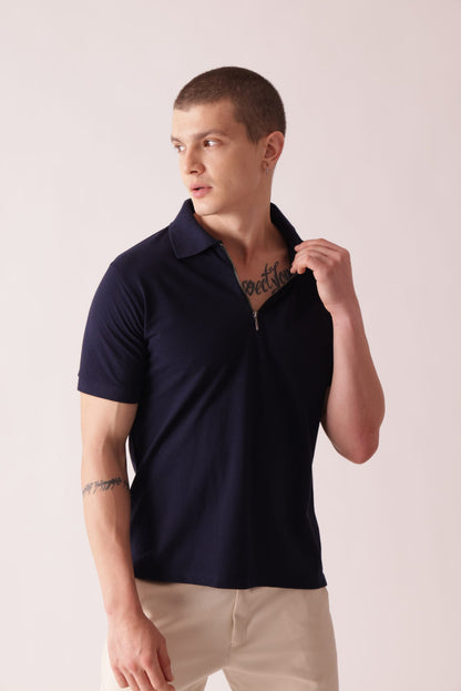 Men Navy Blue Solid Polo Neck T-Shirt