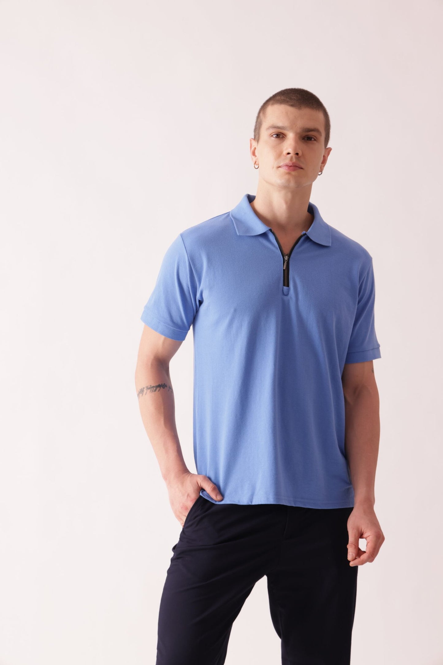 Men Blue Solid Polo Neck T-Shirt