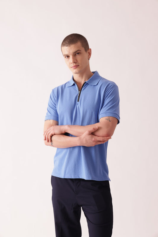Men Blue Solid Polo Neck T-Shirt