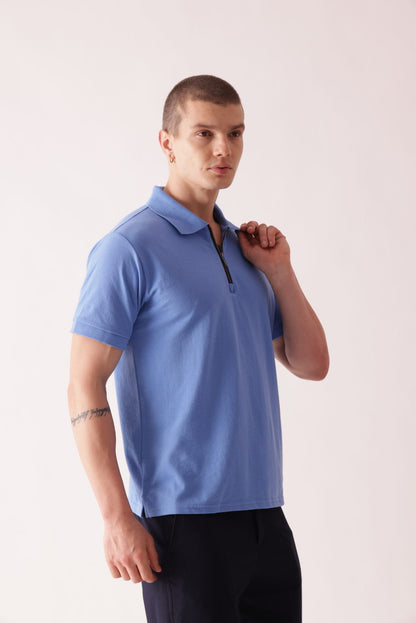 Men Blue Solid Polo Neck T-Shirt