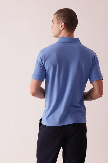 Men Blue Solid Polo Neck T-Shirt