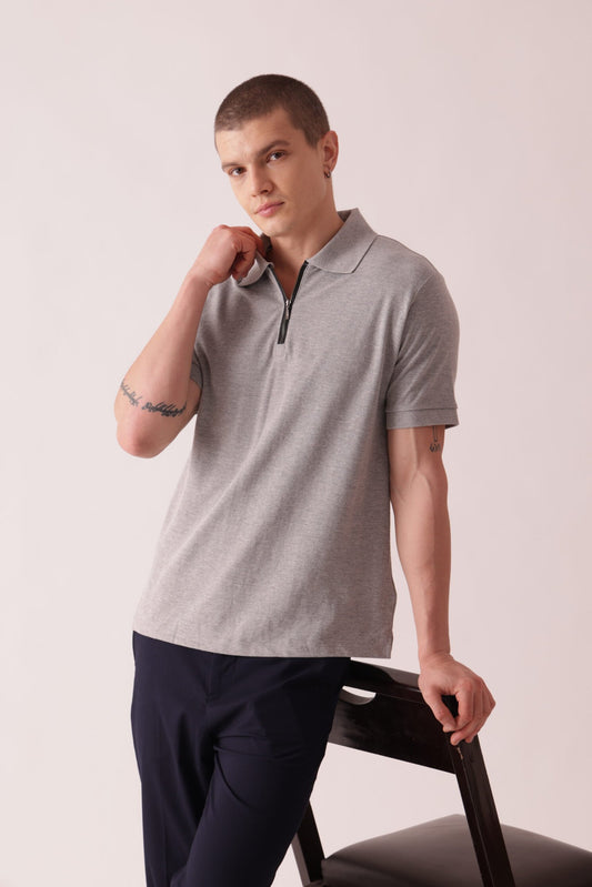 Men Grey Melange Solid Polo Neck T-Shirt