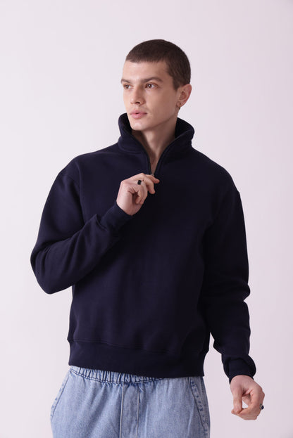 Navy Blue Turtle Neck Zipper Sweatshirt for Men