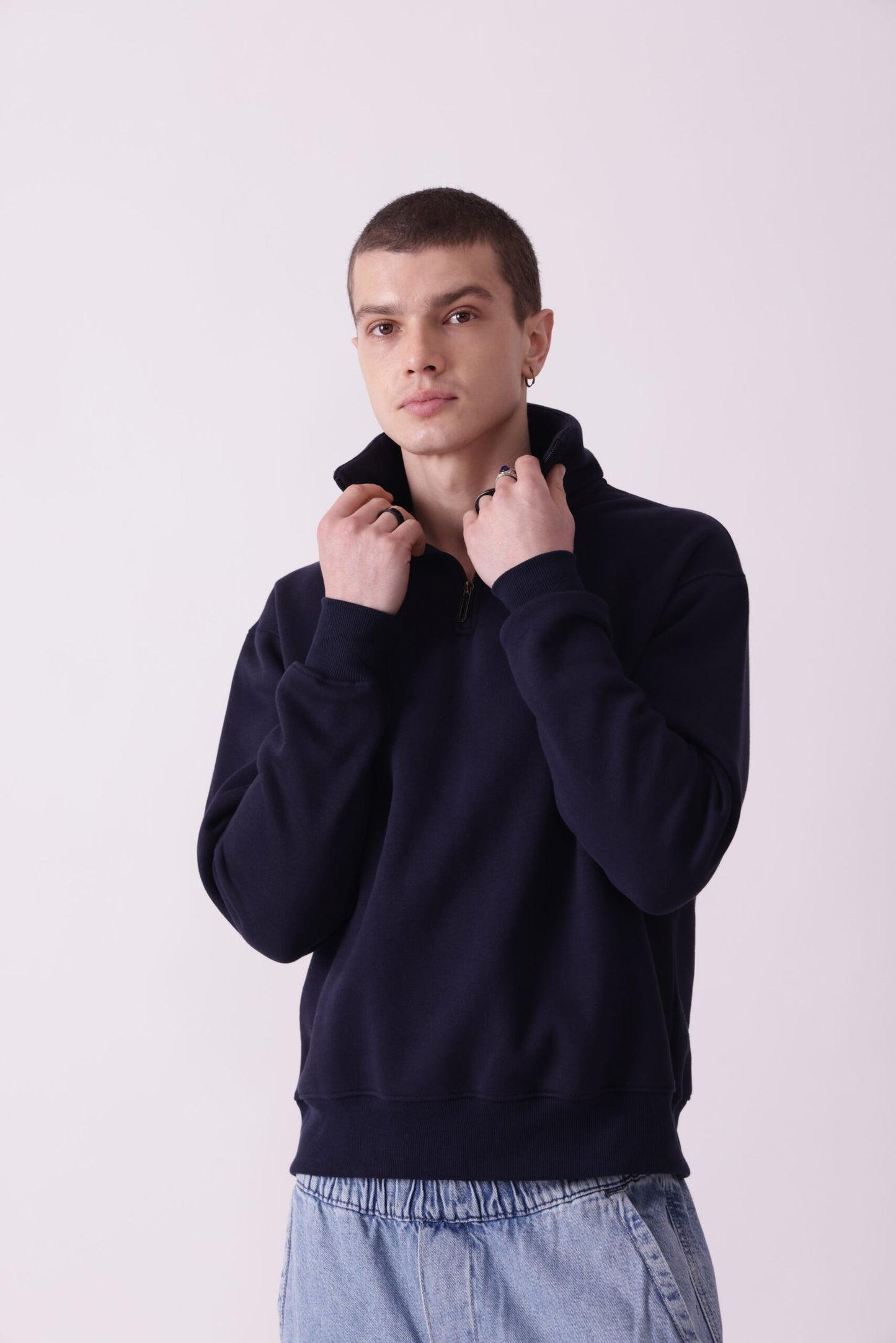 Navy Blue Turtle Neck Zipper Sweatshirt for Men