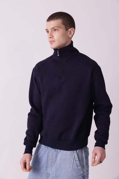 Navy Blue Turtle Neck Zipper Sweatshirt for Men